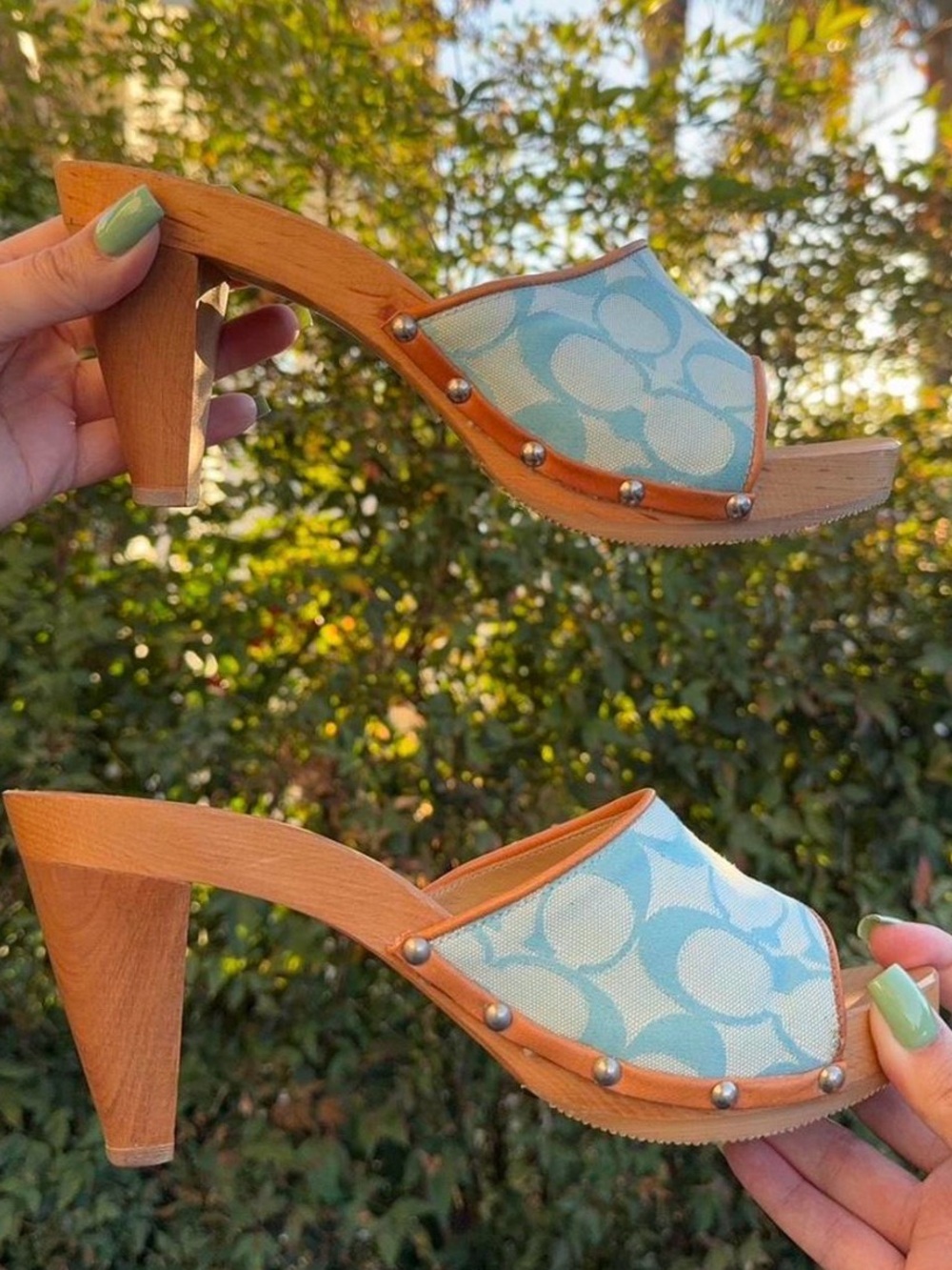 RARE Coach Brenda light blue signature wooden heel mules
